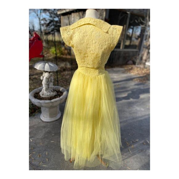 1950s Yellow Formal Dress Matching Bolero Lace Tulle Prom Wedding - Picture 4 of 16